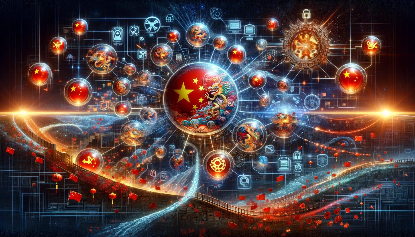 An illustrative digital artwork depicting the creation of open-source AI language models in China, seamlessly blending traditional Chinese colors, symbols, and the Chinese flag with iconic open-source symbols. The artwork is set in a digital innovation landscape, where nodes and data streams connect in a complex network. At the heart of this network, glowing AI models are encased in orbs, each orb adorned with the Chinese flag's red and gold colors and integrated with open-source symbols like the gear, key, and padlock, representing accessibility, security, and collaboration in open-source development. Traditional Chinese elements such as dragons, the Great Wall, and cherry blossoms are subtly incorporated into the data streams, symbolizing strength, protection, and renewal. This image captures the fusion of national pride and the global open-source movement, showcasing China's contribution to the field of AI through a rich visual narrative.