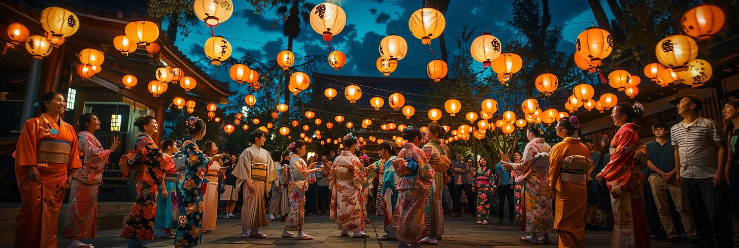 People in colorful kimonos are enjoying a festive outdoor gathering in the evening, surrounded by glowing paper lanterns against a twilight sky.