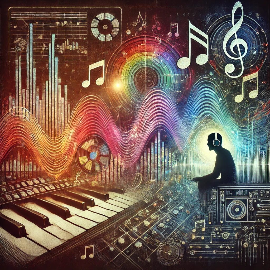 A digital collage representing the interplay between music, algorithms, and human creativity. In the image, a colorful, stylized soundwave is intertwined with lines of computer code and musical notes, symbolizing the algorithmic influence on music curation. On one side of the wave, a silhouette of a person wearing headphones is seen, representing the listener, and on the other side, a musician playing an instrument is depicted, representing the artist. The background is a blend of dark and light tones, with a subtle glow around the soundwave, emphasizing the connection between technology and music discovery.