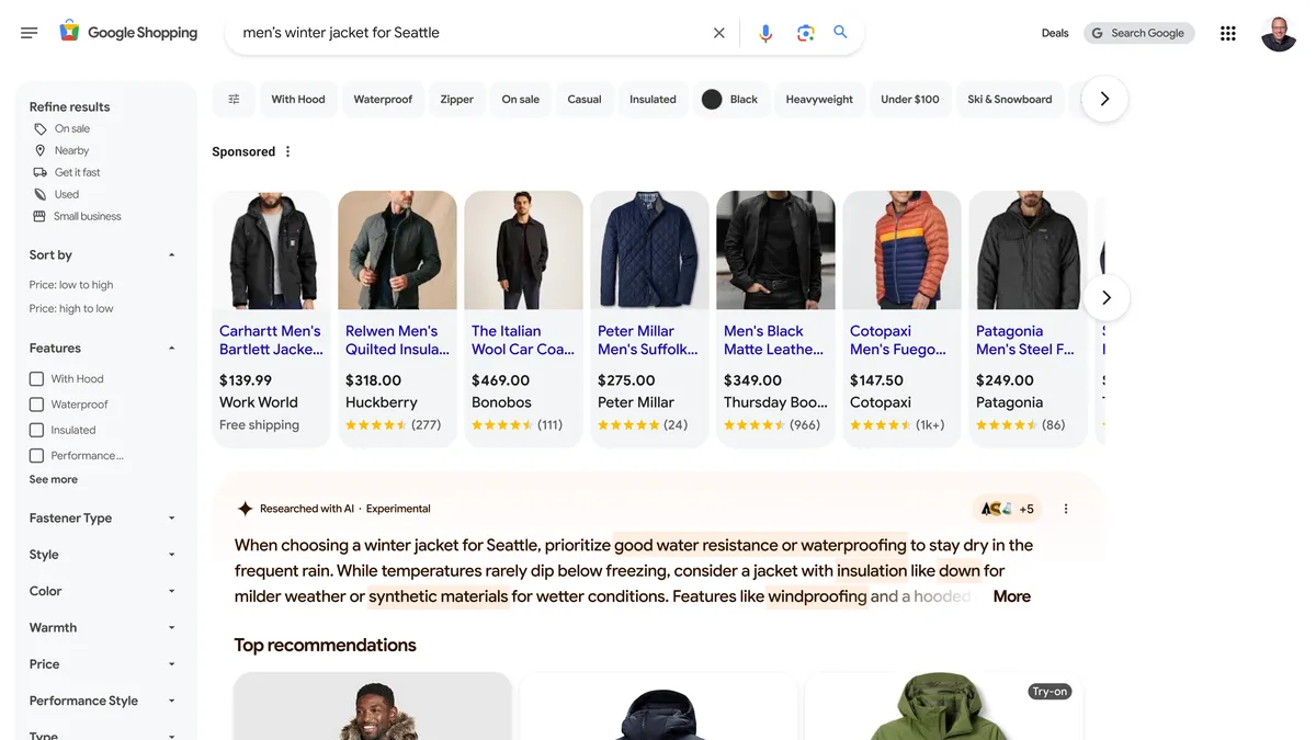 A Google Shopping page features AI-generated advice about winter jackets.