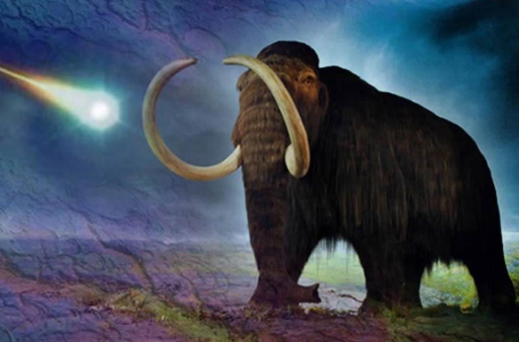 Deriv; A woolly mammoth ( CC BY-SA 2.0 ) meets a meteor strike ( Public Domain ). Carolina Bays ( Public Domain ).