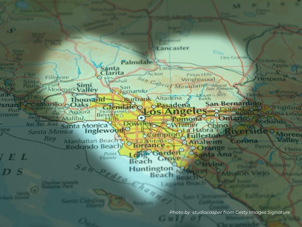 Map of Los Angeles California eclipsed in a heart light