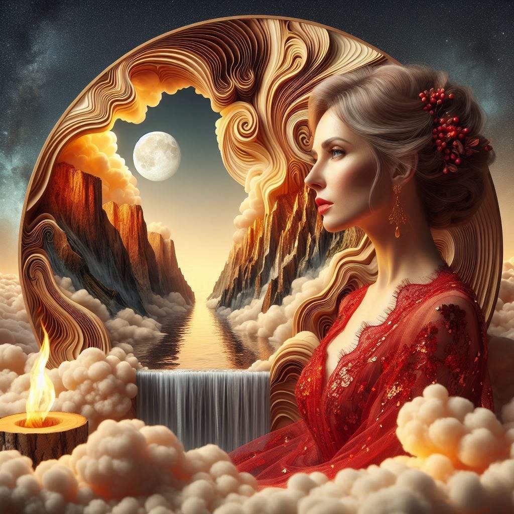  5d angle glass waterfall with with a small fire in it over image of  Birchwood/rosewood handsome middle aged  woman in red sequence gown with high lace collar /water in resin/ soft, beautiful/honey-wood and copper/ Marquetry, verdigris. mountain / fluffy cloud floating low in foreground / honey-gold-swirl/surrounded by copper pipes .REFLECTED/ Inspired by style of Jeffrey Catherine Jones /backdrop of swirling clouds under moon.black starry sky / love/ bliss
