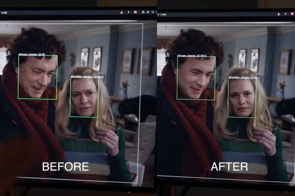 Side-by-side pictures of a computer screen depicting an actual image of Tom Hanks and Robin Wright captured by the camera, as well as the de-aged actors being rendered in real time.