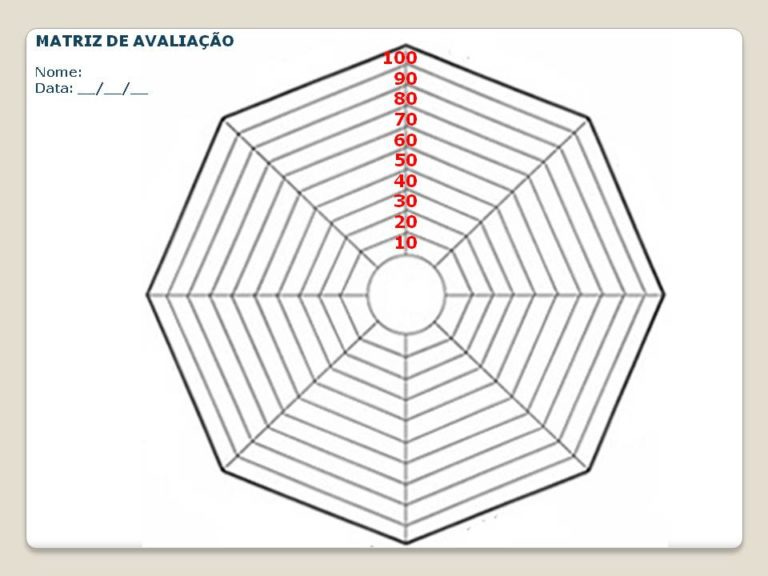 O chamado “gráfico de radar”: um octógano com um círculo menor no meio. Do círculo saem mais e mais octógonos, preenchendo todo o seu espaço interior. Quanto mais perto do centro, mais baixa a nota (10), quanto mais distante, se aproximando da ponta, mais alta (100).