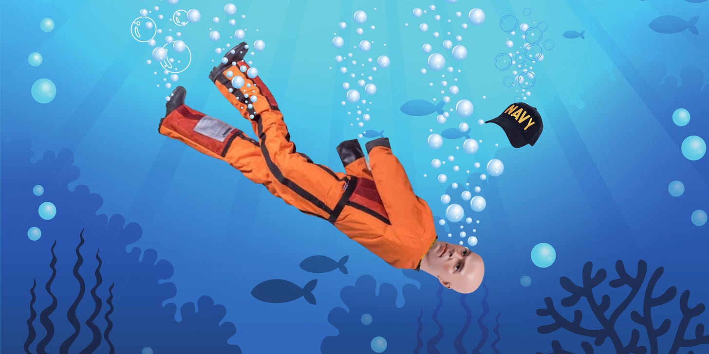 Underwater scene with sinking man overboard rescue dummy (aka OSCAR) and navy ball cap.