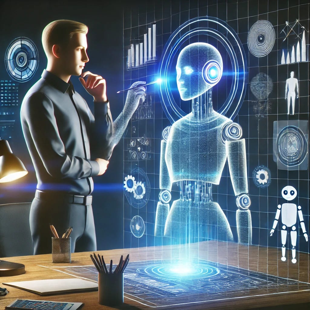 A conceptual illustration of a human and an AI represented as a glowing digital assistant or holographic interface, engaged in a collaborative exchange. The human appears thoughtful and engaged, while the AI visually displays data, diagrams, or ideas. The setting is futuristic but grounded, emphasizing cooperation and problem-solving, with elements like a sleek desk and holographic visuals.