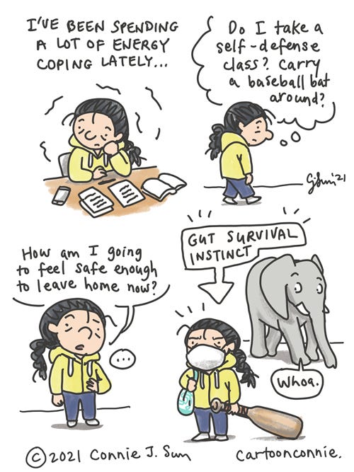 Gut Survival Instinct Sketchbook cartoon about survival instinct, trauma, coping, and wanting to feel safe, by Connie Sun, cartoonconnie