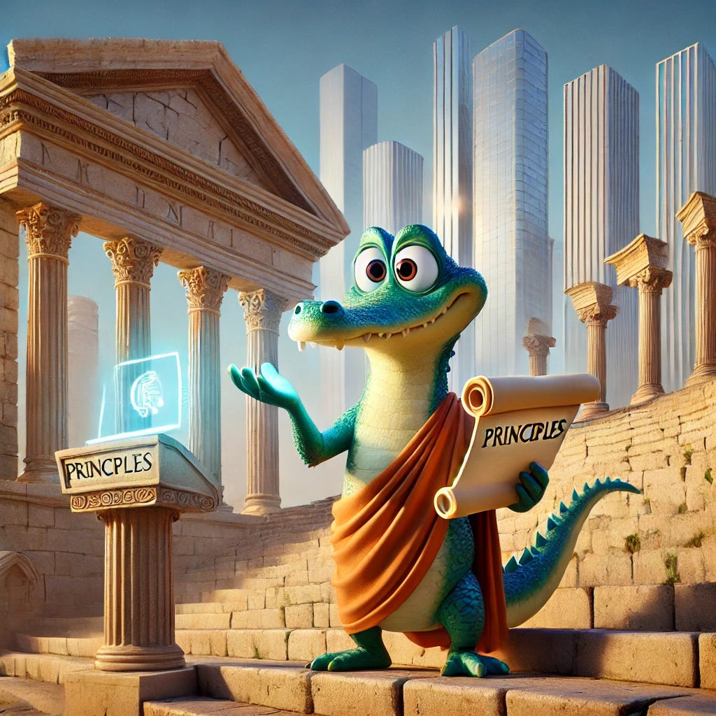 A small, wise anthropomorphic gator named Croaky, depicted in a Pixar-Disney animation style, wearing a Roman toga, standing on the steps of a crumbling Roman amphitheater. The ruins seamlessly transition into sleek, modern glass skyscrapers of Silicon Valley in the background. Croaky is holding a scroll labeled 'Principles' in one claw and gesturing toward a glowing laptop on a pedestal in the other claw. The scene combines classical elegance with a futuristic feel, using vibrant and polished Pixar-like visuals with muted earthy tones for the Roman ruins transitioning into bright, sleek lighting for the Silicon Valley setting.