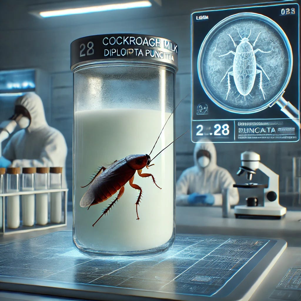 A futuristic laboratory setting with a glass container filled with a milky, crystallized substance labeled 'Cockroach Milk'. Nearby, a magnified view of a Diploptera punctata cockroach is displayed on a digital screen, highlighting the crystallized milk production. The scene is sterile, high-tech, and slightly eerie, with scientists in protective gear observing the substance.