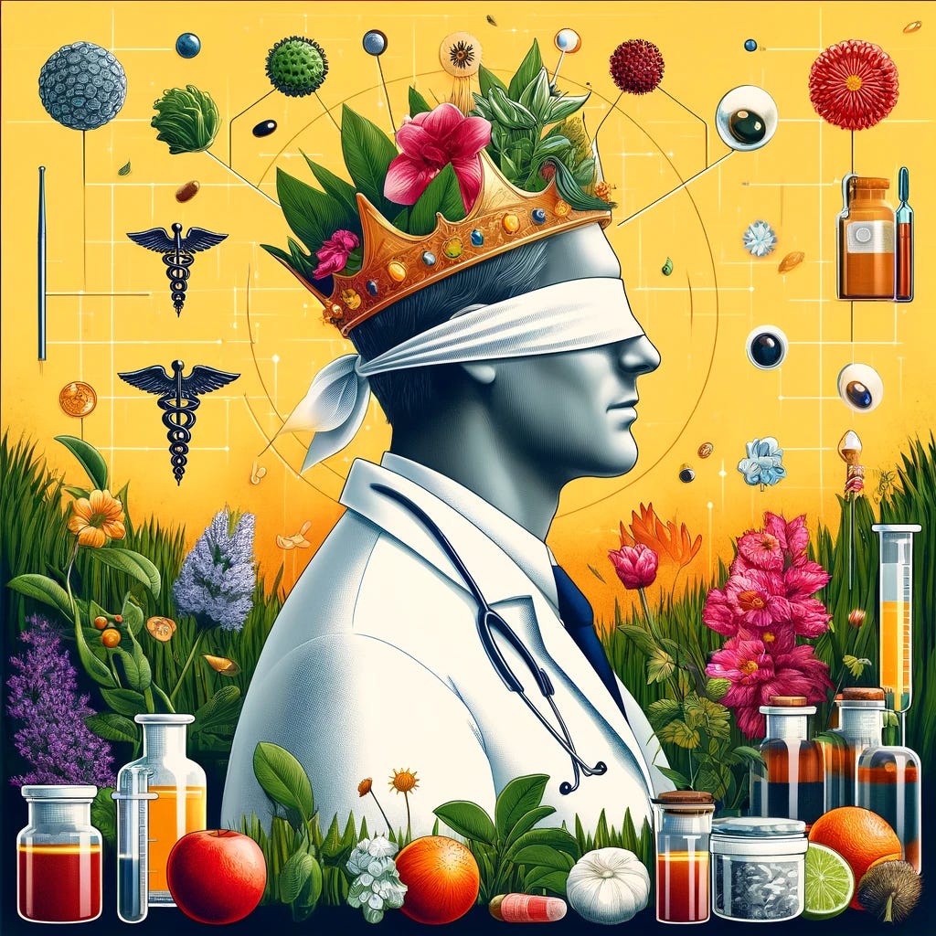 A square image representing the themes of naturopathic medicine and critique of conventional medicine. The image should feature a symbolic representation of a modern doctor in traditional white coat, but with elements that suggest they are out of touch or ineffective, such as wearing a crown and having blindfolds. Surrounding the doctor, there are vibrant, natural elements like herbs, plants, and natural remedies indicating the alternative approach of naturopathic medicine. The background should contrast the sterile, clinical environment of conventional medicine with the lush, healing environment of nature.