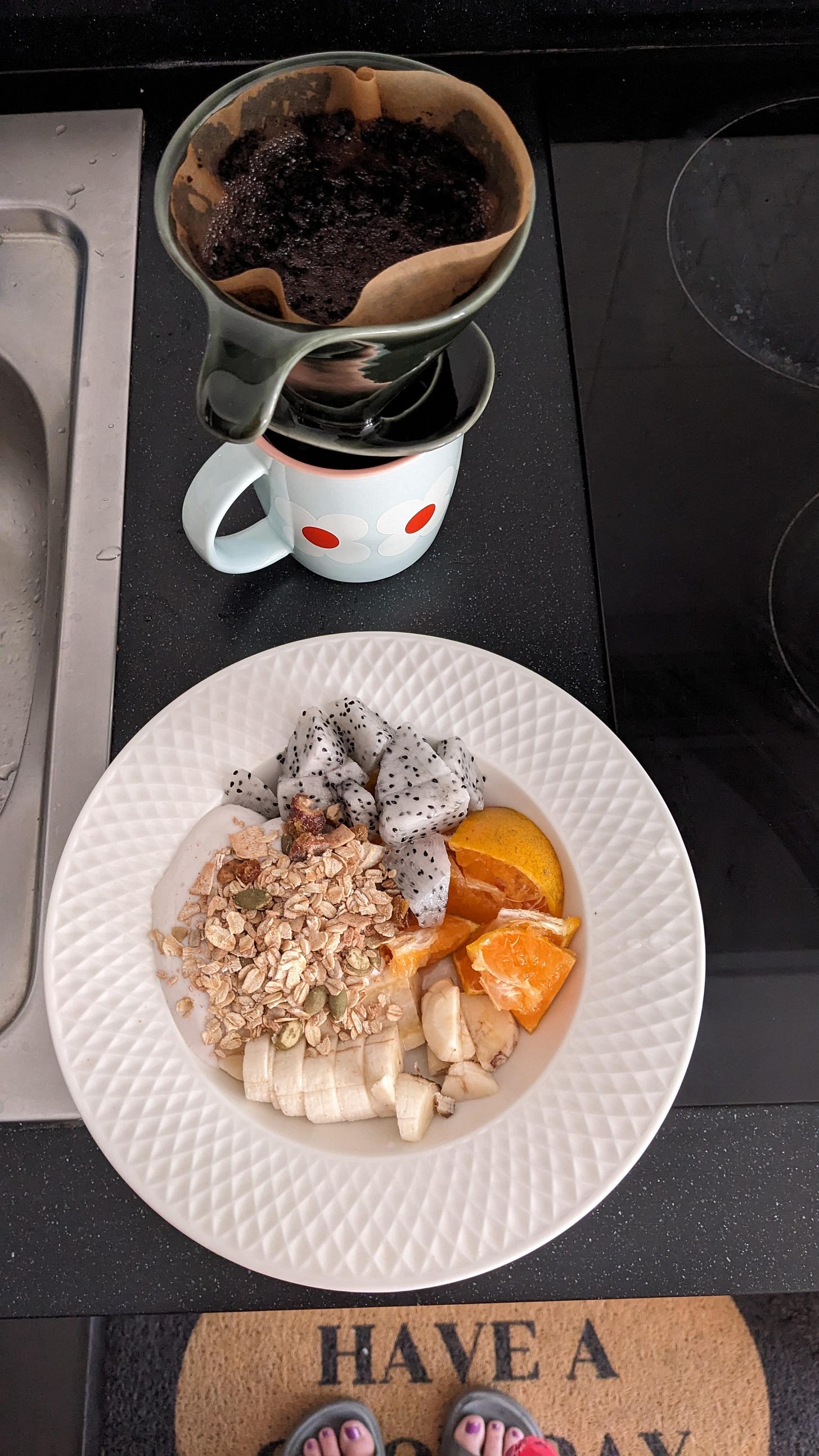 muesli/yogurt/fruit bowl and pourover 