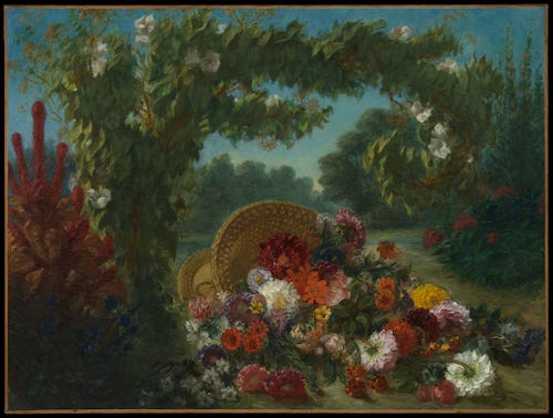 painting of flowers flowing from overturned basket