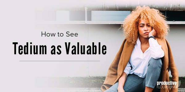 A woman with big, curly hair, sits on a curb, looking at the camera. Text Overlay: How to See Tedium as Valuable