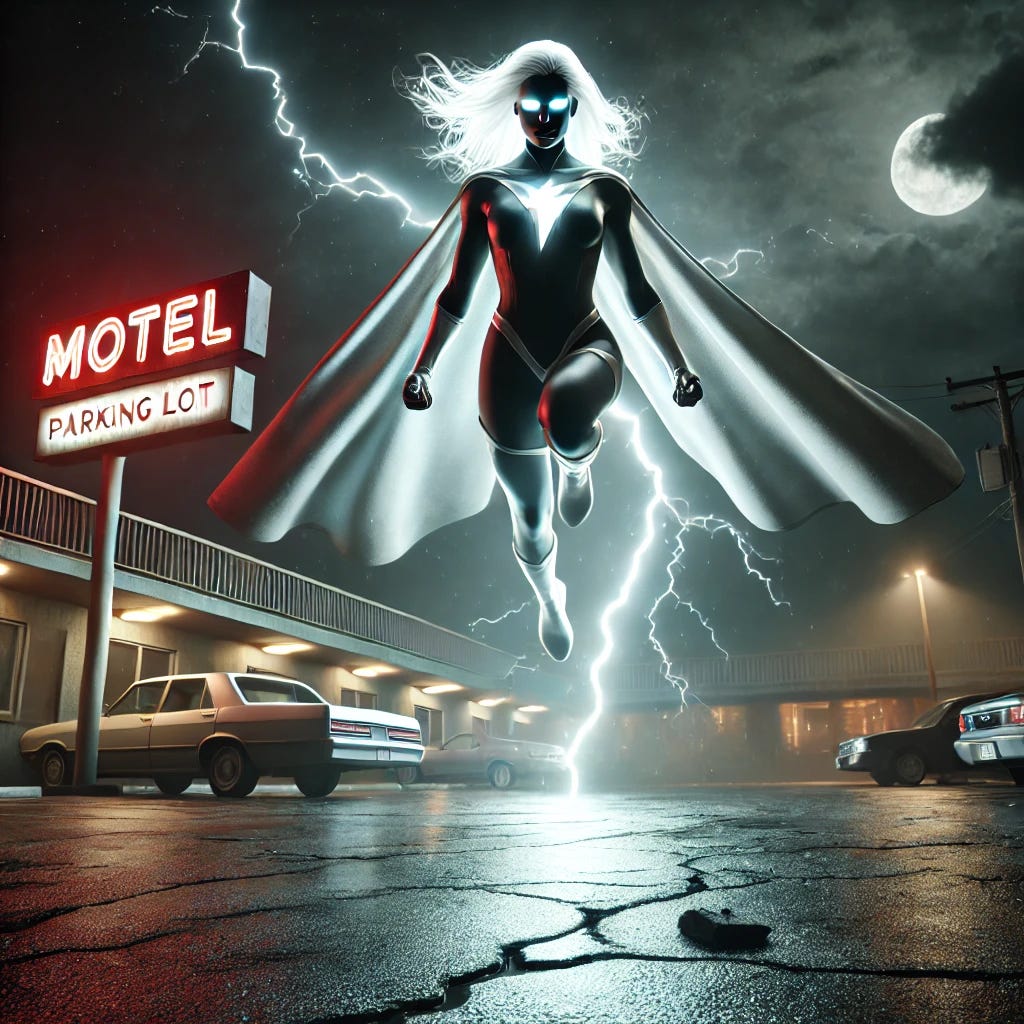 A realistic Black female superhero hovering 28 feet above the ground in a dimly lit motel parking lot at night. Viewed from the ground, she appears majestic and imposing, just beyond the reach of a normal human. Her eyes glow like lightning rods, crackling with energy. Powerful lightning arcs around her, illuminating the cracked asphalt below. A few parked cars and a flickering neon motel sign are in the background. Her cape billows slightly in the wind, and her stance exudes authority and control. The atmosphere is intense, with storm clouds looming in the distance but no rain. She wears a sleek white suit with no emblem or markings, and her flowing white hair adds to her ethereal, powerful presence.