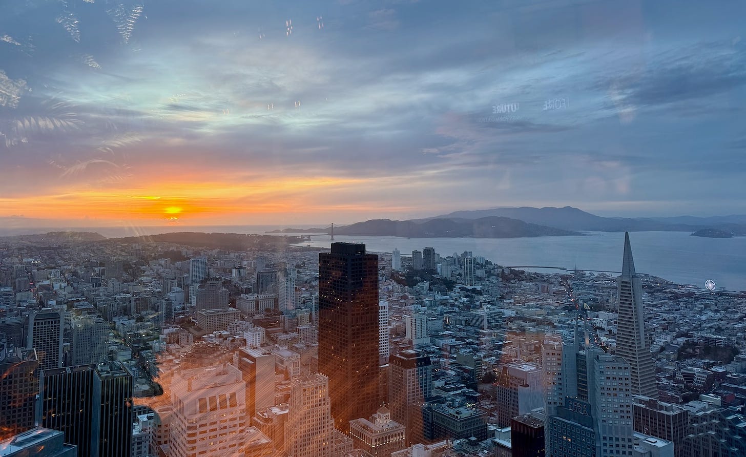 sunset over San Francisco looking toward Golden Gate Bridge