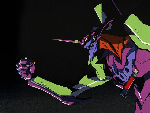 EVA-01, a large purple and green mech piloted by Shinji, is holding Kaworu in its hand. In comparison to the EVA unit, Kaworu is barely visible, barely as big as one of its fingers. A PROG knife is stuck in EVA-01’s pectoral armor plate. Kaworu and EVA-01 are staring at eachother in silence.