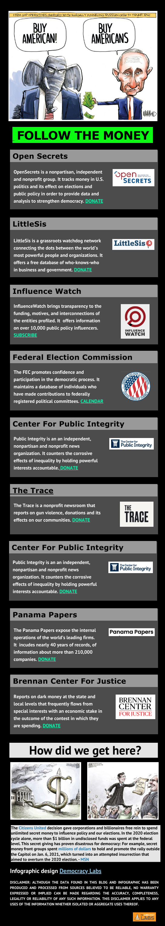 Follow the money released by the Republican Supreme Court in their Citizens United decision that favors billionaires over working Americans.