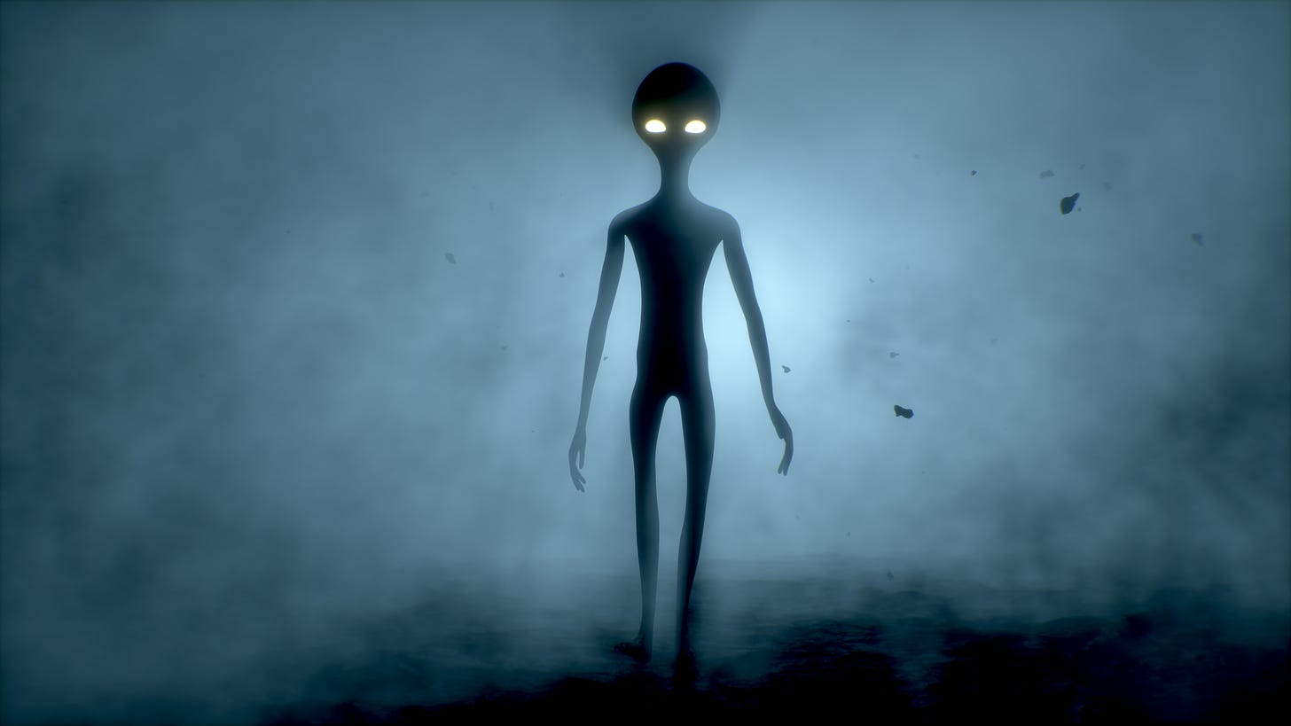 Stylized rendering of an alien walking out of a foggy background
