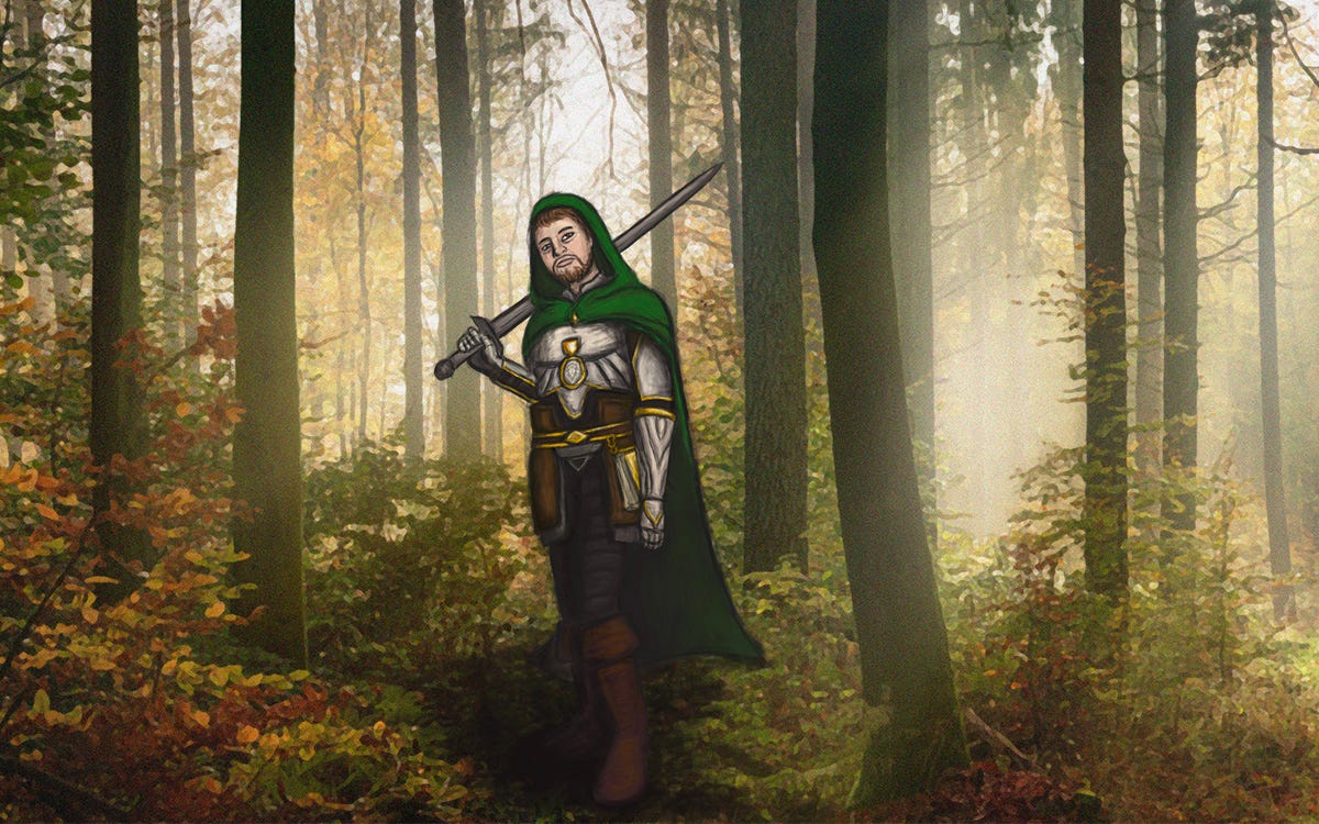 Digital painting a bearded knight in a green cloak standing in a misty forest. The knight stands casually with a large sword resting against his shoulder. He wears silver plate armour decorated in gold and a gold spellbook on a chain at his waist.