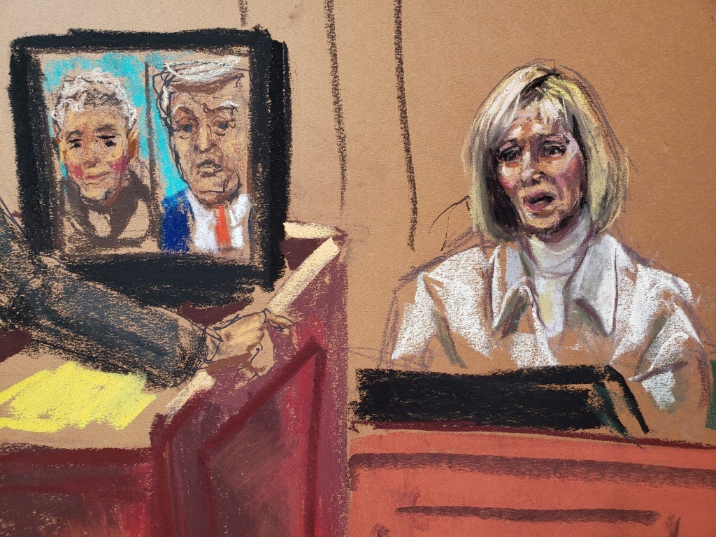 Pictured is a court artist drawing of E. Jean Carroll on the witness stand.