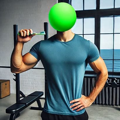 Photo of an attractive bald man standing and holding up a toothbrush. He's wearing a well-fitting untucked blue t-shirt and black shorts. The man has a basic bright neon green sphere instead of a head. There is no face.  He is in a weight room that has a bench press and a set of dumbbells. There is a window out to the ocean.