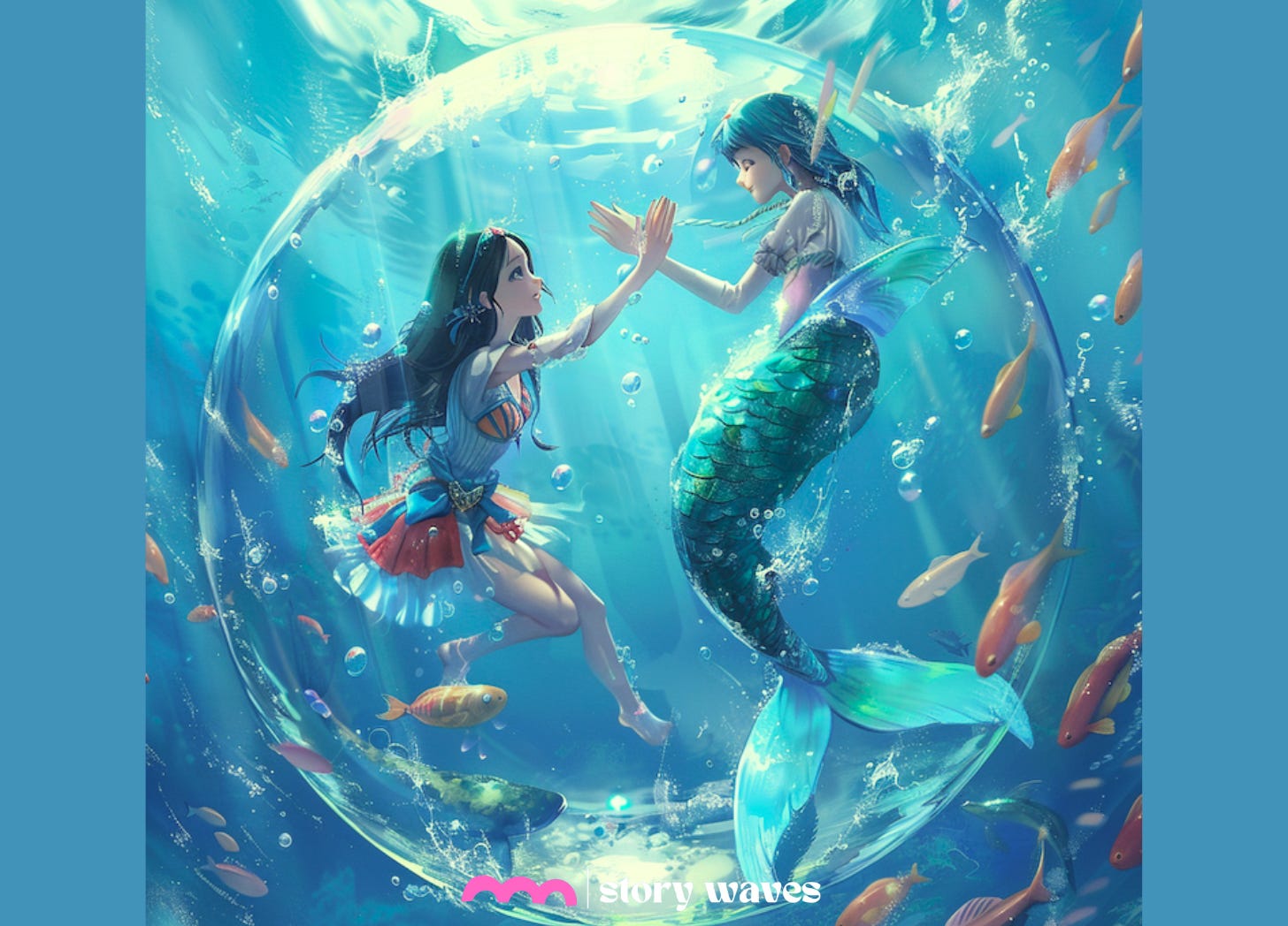 a girl and a mermaid dancing underwater