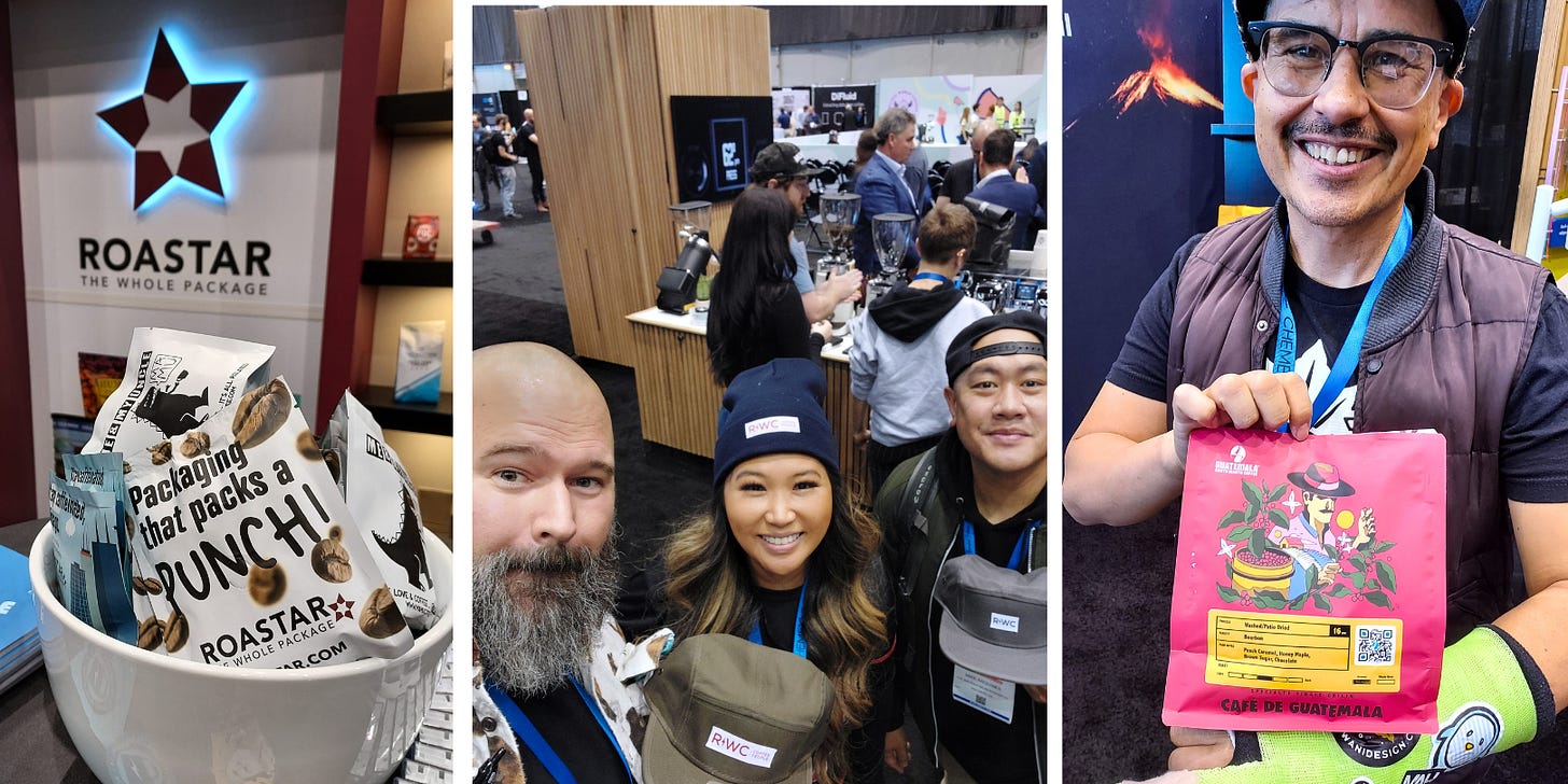 Three photos. From Left: 4 ounce coffee sample packs are piled in an oversized white ceramic coffee mug in front of the Roastar logo. Three people pose with new hats on the floor at a convention center. A man smiles at the camera holding up a bag of brightly colored coffee packaging.