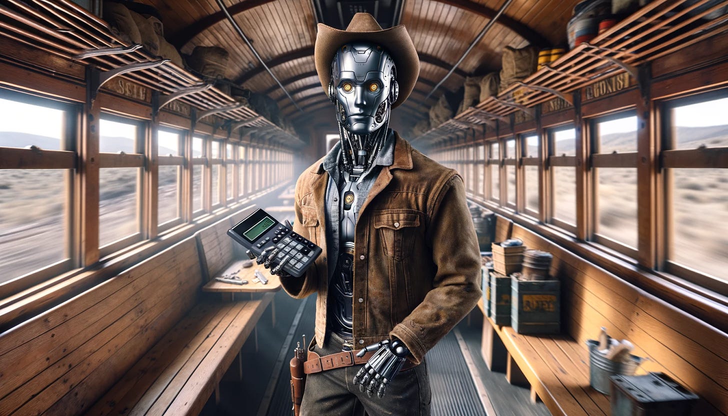 A hybrid human-robot holding a calculator, inside a moving train car. The train car is styled like an old Western mining train. The hybrid being has a metallic body with human features, wearing rugged clothes suitable for the Wild West. The interior of the train car has wooden benches and mining equipment scattered around. The scene captures the motion of the train with blurred scenery visible through the open sides of the car.