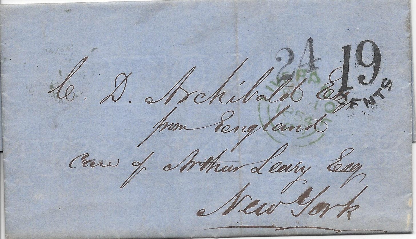 1854 folded letter from Liverpool, England to New York City