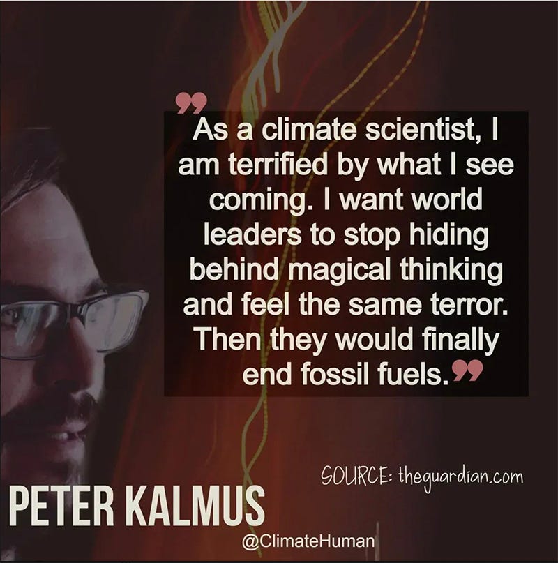 "As a climate scientist, I am terrified by what I see coming. I want world leaders to stop hiding behind magical thinking and feel the same terror. Then they would finally end fossil fuels." Peter Kalmus. Source: The Guardian