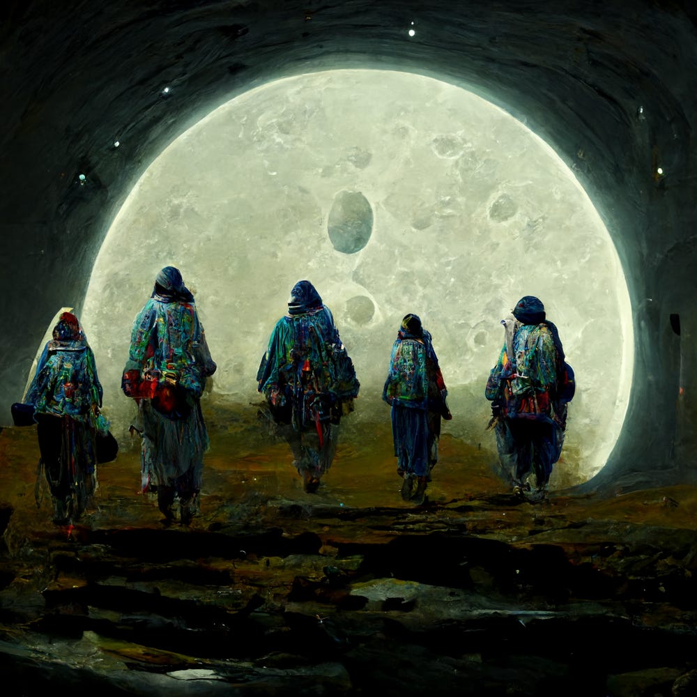 A group of pilgrims are walking away from the viewer. The moon looms large in the background. lunar vagabonds moon pilgrims wanderers
