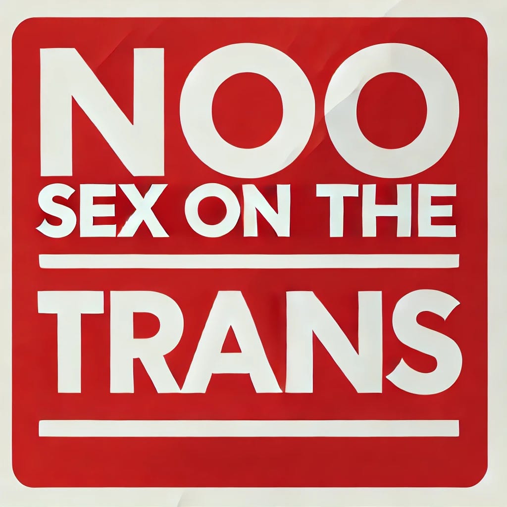 An alert sign with a bold, red background and white text that reads 'No Sex On The Trains'. The design should have a simple, clear font with a minimalistic and professional look, similar to a public transportation warning sign. The sign should have a rectangular shape with a border and stand out clearly against the red background.