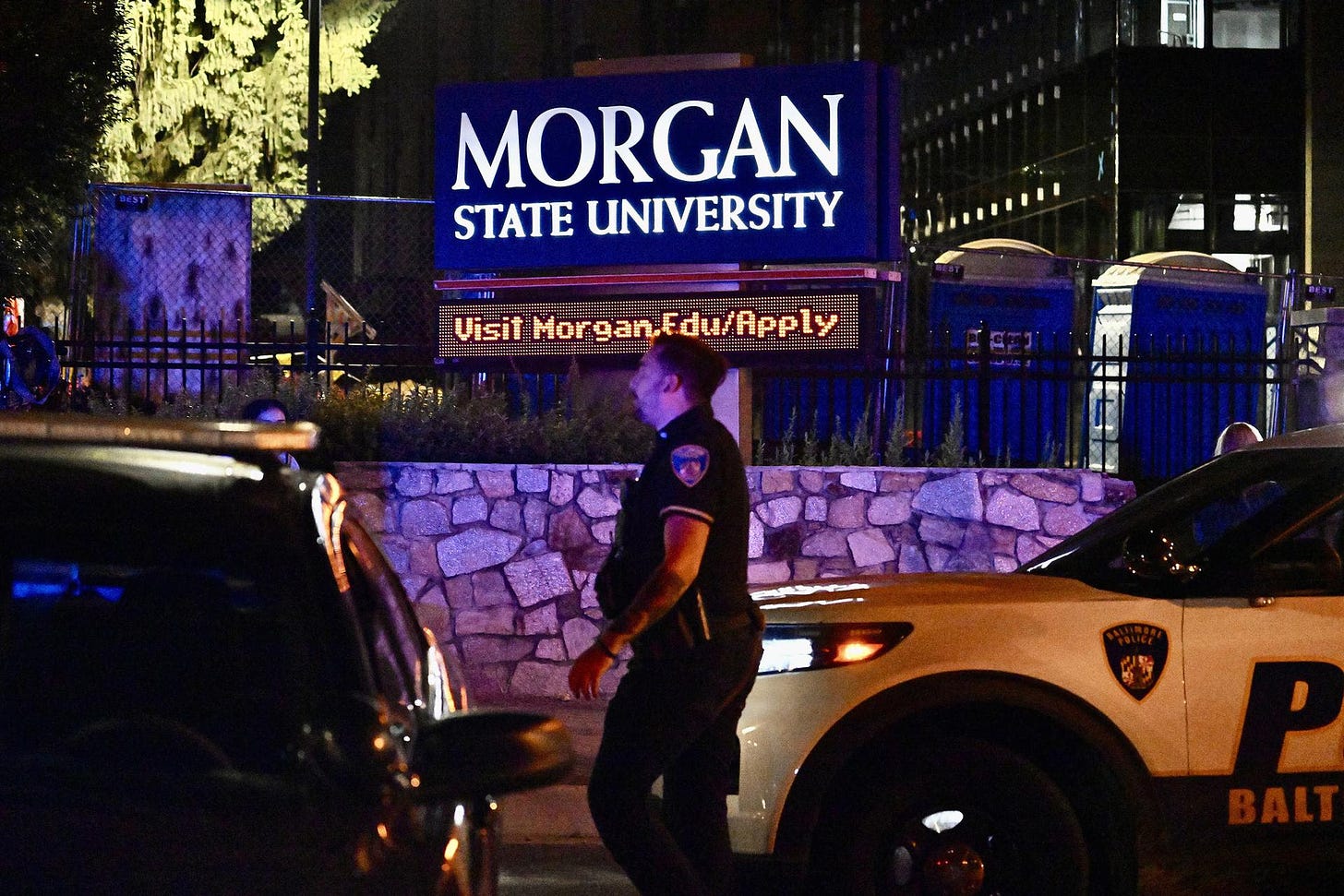 Police block off the south entrance to Morgan State University at Argonne and Hillen after police say multiple people are shot on the campus on Tuesday, Oct. 3, 2023, in Baltimore.   