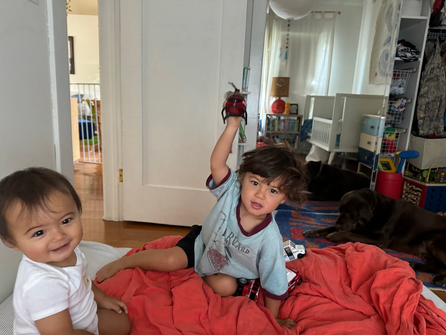 Two smiling children sitting atop a bed with a dog in the background.