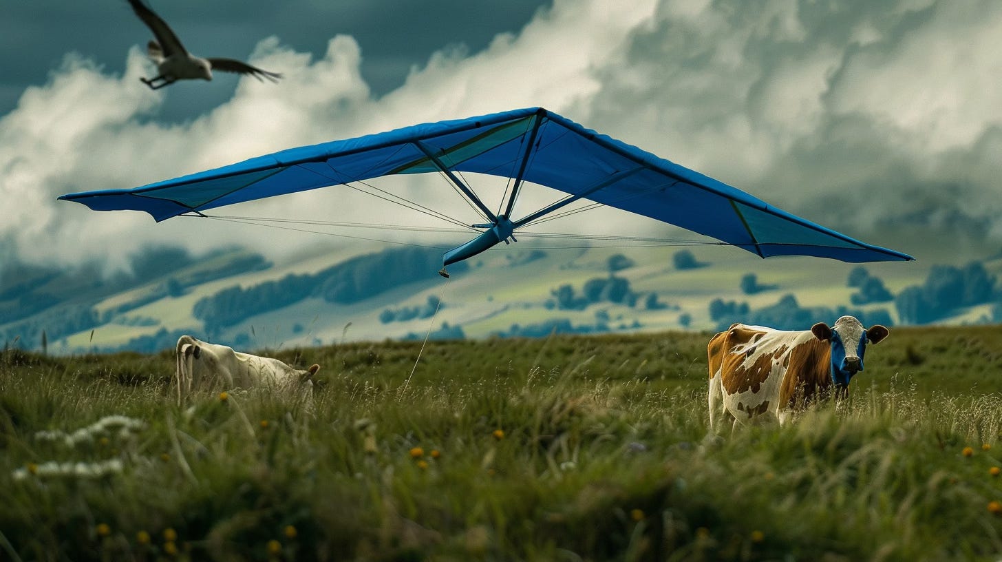 A blue hang glider over a cow pasture, with an enthusiastic eagle approaching. 