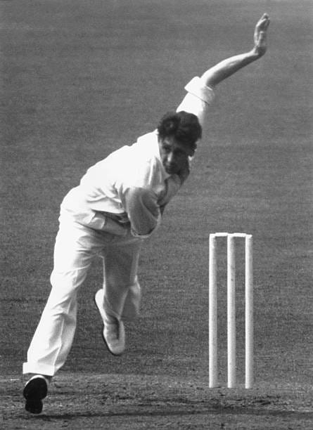 England and Lancashire medium-fast bowler Brian Statham in action against Pakistan in the 4th Test Match at Trent Bridge.