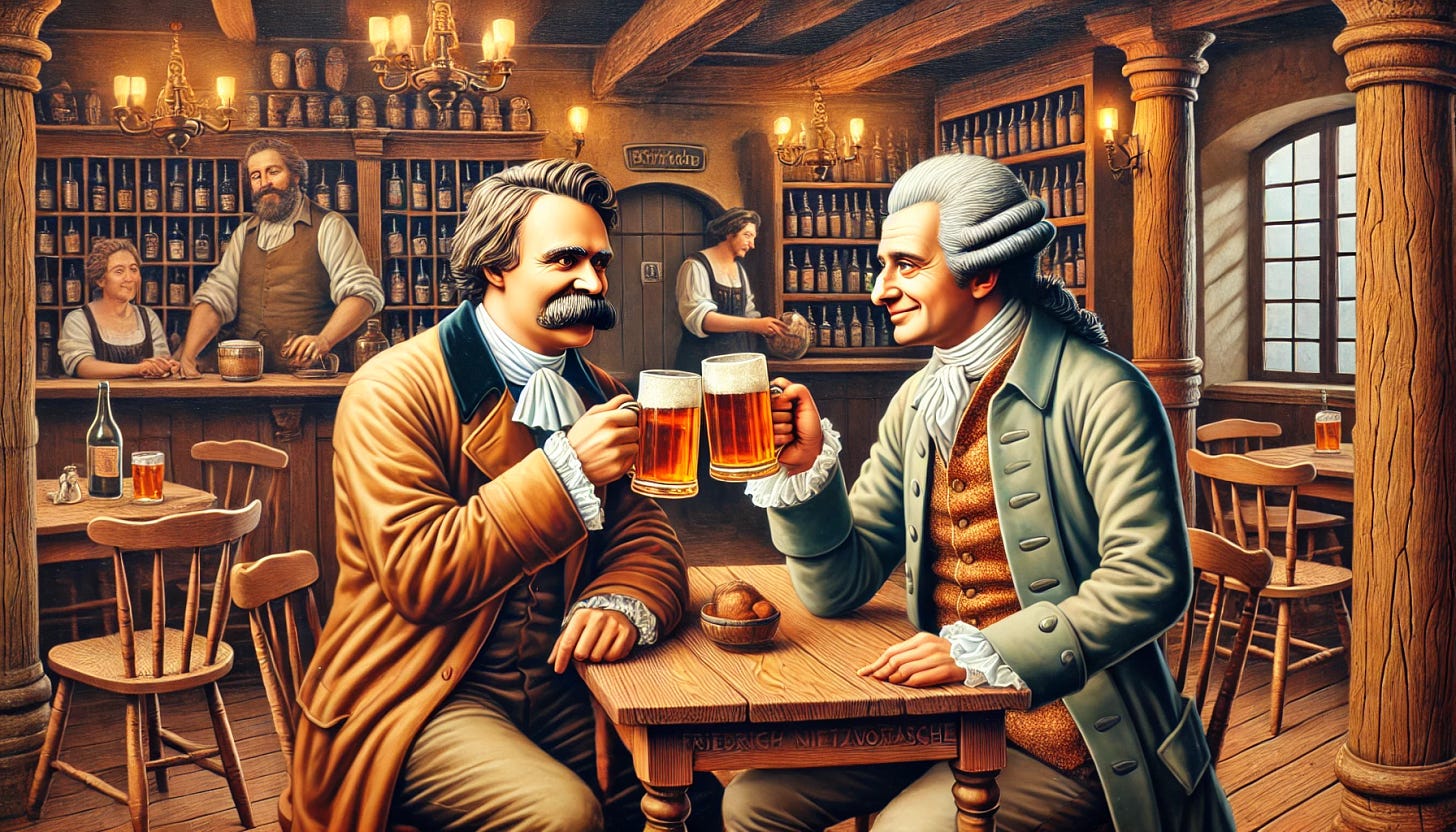 A detailed image of Friedrich Nietzsche and Voltaire sitting together at a cozy, rustic pub. They are toasting each other with beer mugs, smiling and engaged in a lively conversation. The pub has wooden tables and dim, warm lighting. Nietzsche has his iconic mustache and is dressed in 19th-century attire, while Voltaire is wearing 18th-century clothing, with a powdered wig. The background includes shelves with bottles and a bartender serving drinks.