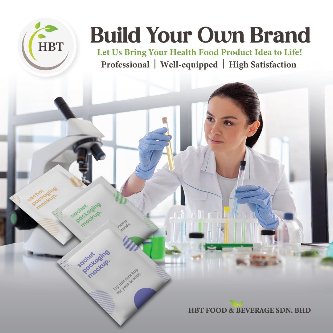 May be an image of 1 person and text that says "HBT Build Your Own Brand Let Us Bring Your Health Food Product Idea to Life! Professional Well-equipped High Satisfaction sachet mockup. ging packaging S sachet packaging mockup. ockup vrands. sachet packaging mockup. mockup. Tryth thismockup rands. HBT FOOD & BEVERAGE HBTFOOD&BEVERAGESDN.BHD SDN. BHD"
