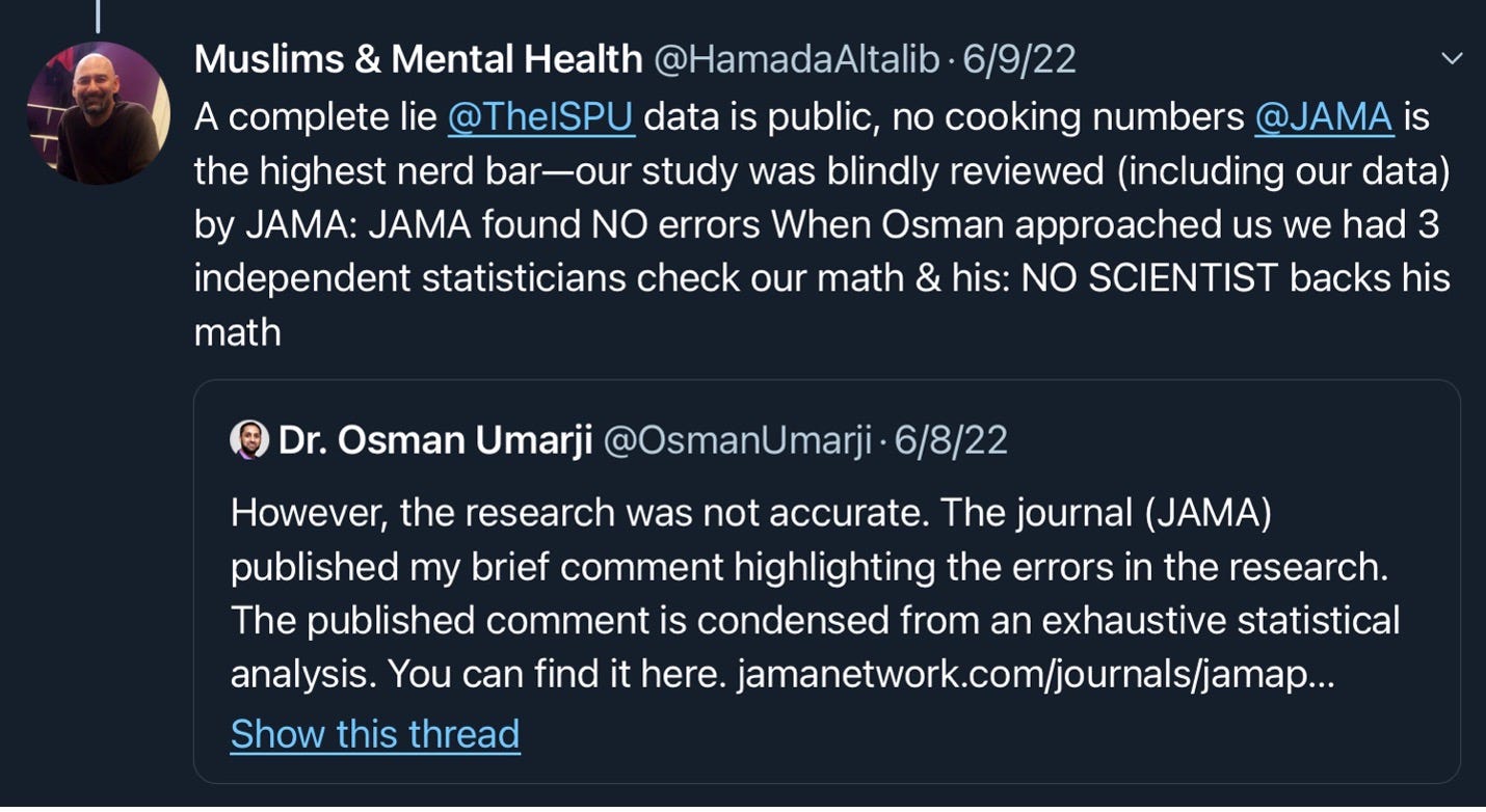 Dr. Hamada Al-Talib makes dodgy claims about his research letter on Muslim Suicide. 