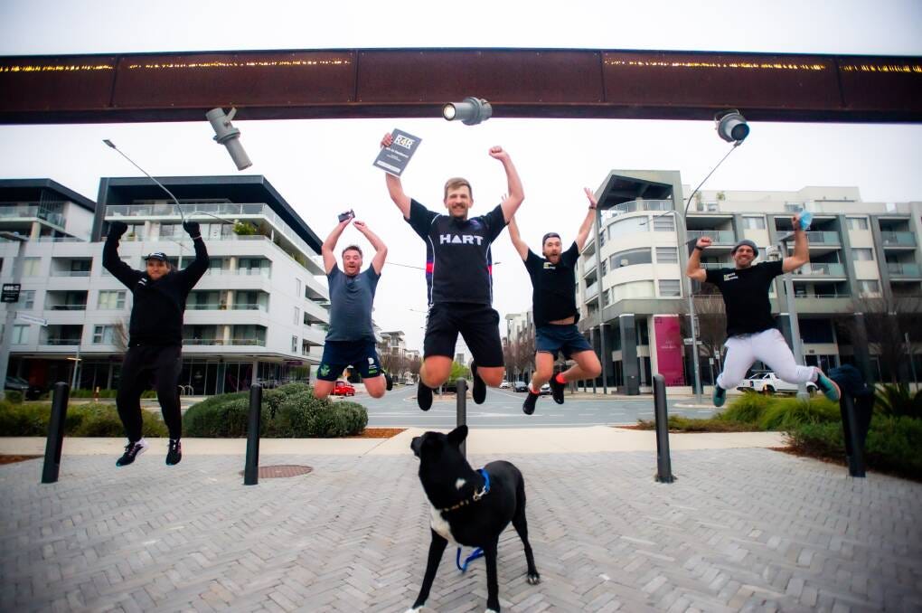 The newly named Arc de Resilience at the Kingston Foreshore with Running for Resilience founder Matt Breen (centre) and running mates (from left) Ben Alexander, Thomas Hogan, Jack Simpson and Glen Collins. Picture: Karleen Minney.