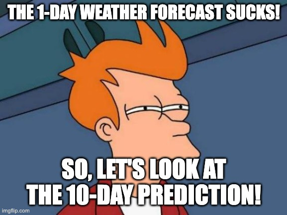 Futurama Fry Meme | THE 1-DAY WEATHER FORECAST SUCKS! SO, LET'S LOOK AT THE 10-DAY PREDICTION! | image tagged in memes,futurama fry | made w/ Imgflip meme maker