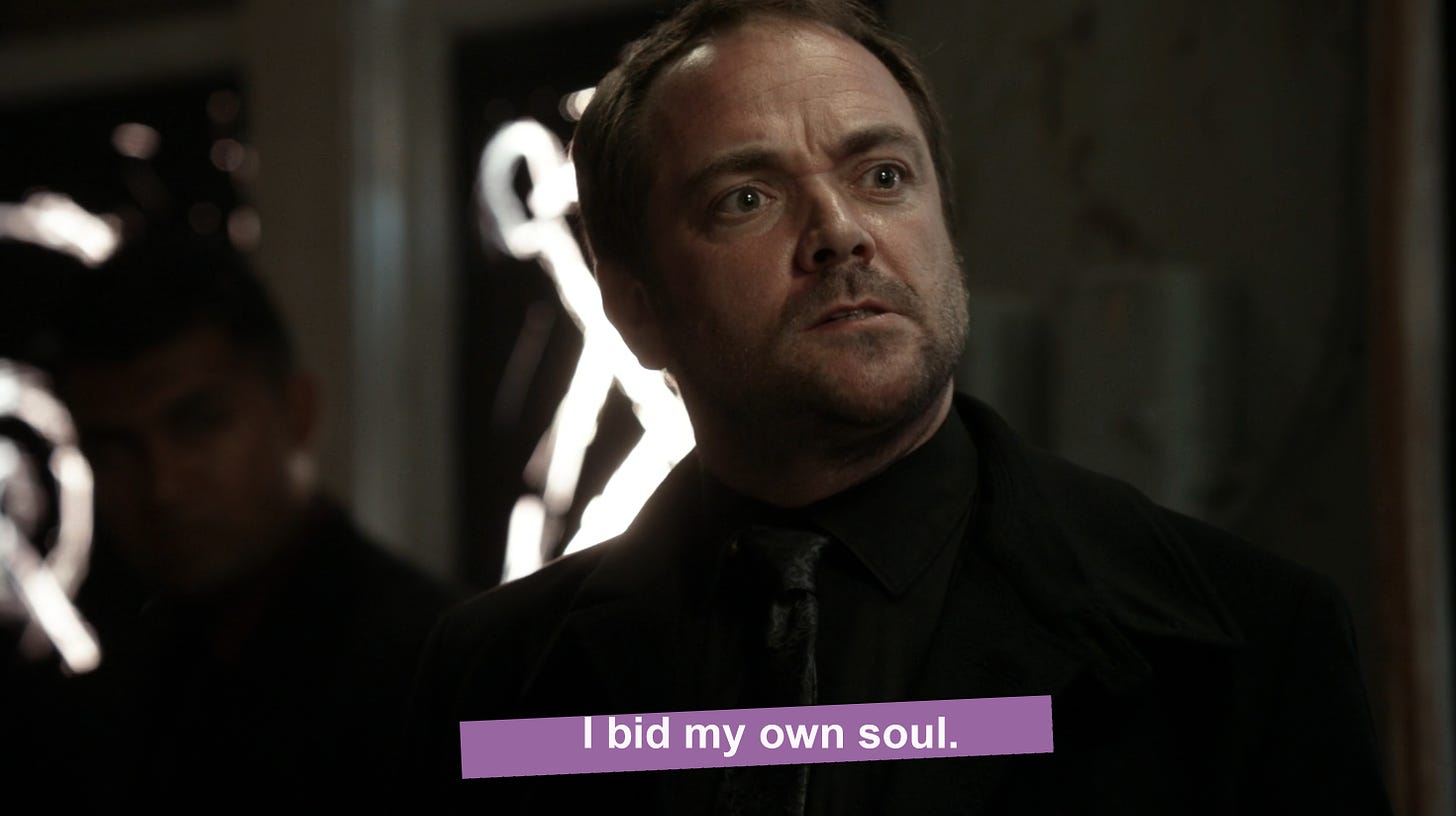 The demon Crowley looking very grim, saying “I bid my own soul.”