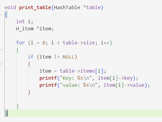 Iterate over the items array of the hash table using a for loop.