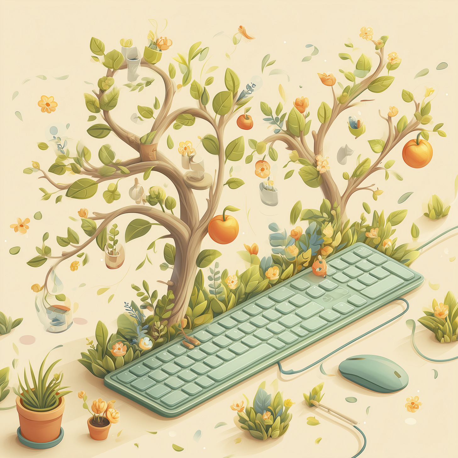 Um jardim digital crescendo a partir de um teclado, com ramificações que representam conexões de rede, aprendizado e crescimento profissional - simbolizando os benefícios de escrever e compartilhar conhecimento online