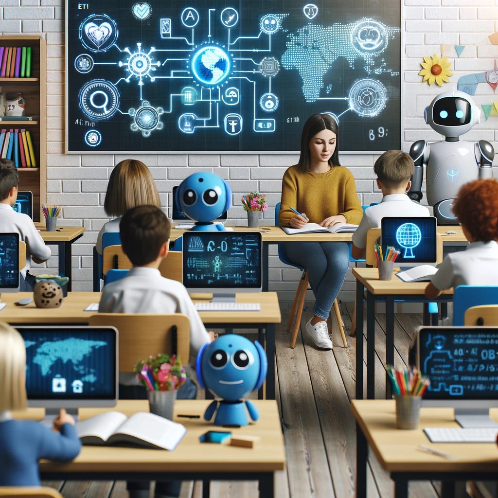 A modern classroom with students and teachers using AI-powered devices and tools for learning, showing an engaging and interactive educational environment. Format: 16:9