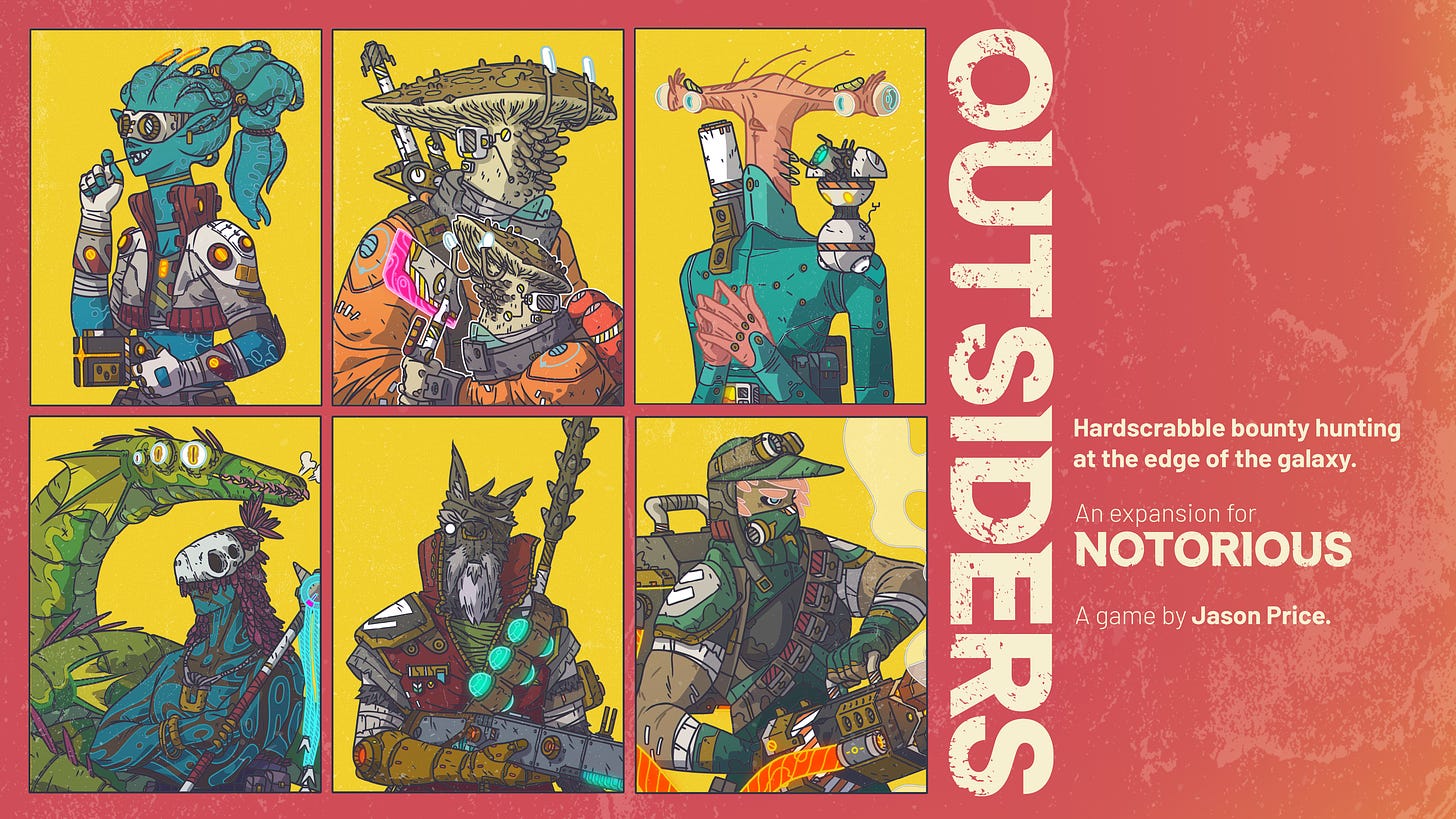 Cover art for Outsiders, featuring six bounty hunters and the tagline "hardscrabble bounty hunting at the edge of the galaxy'