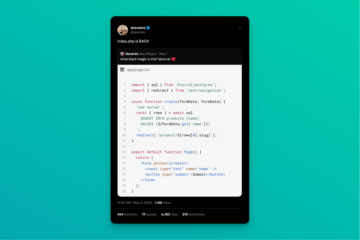 A Tweet from @levelsio saying "index.php is BACK" retweeting @acidbjazz tweet which is an image about Next.js server actions which looks similar to PHP syntax.
