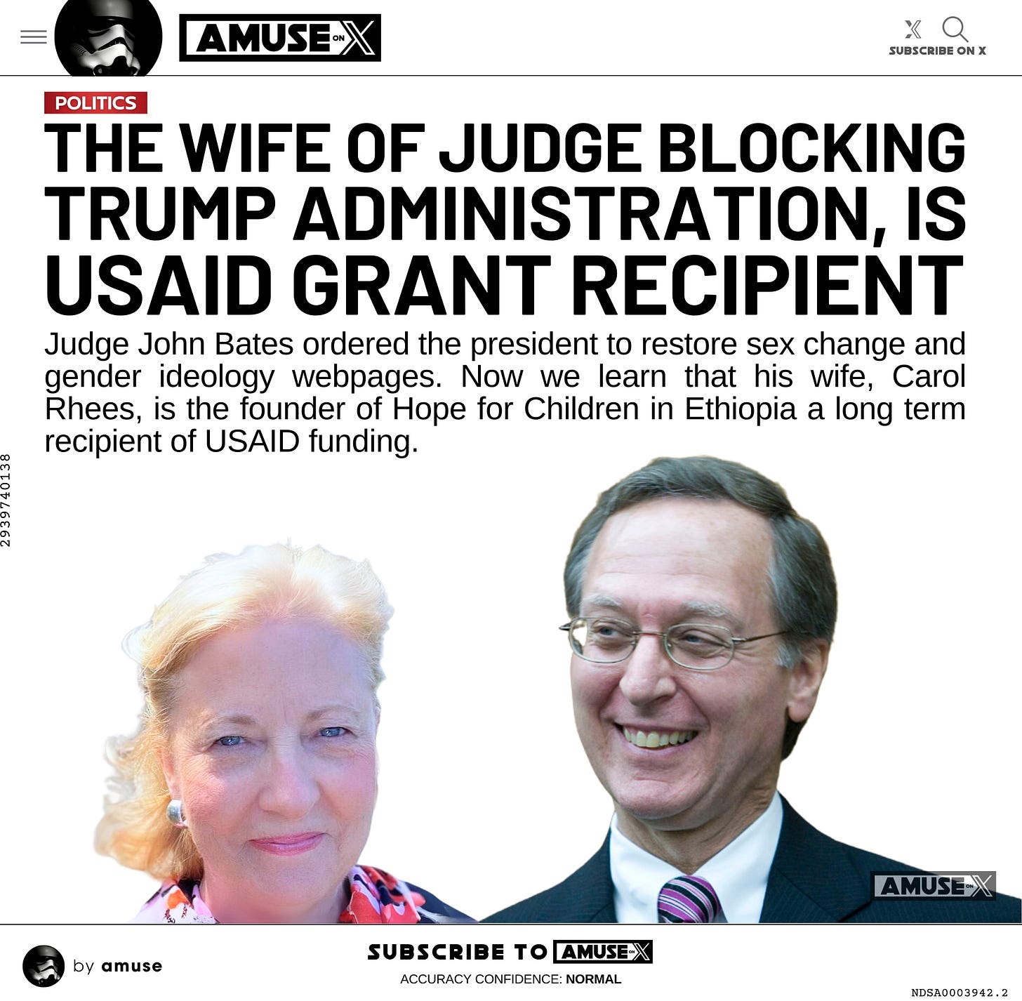 Judge John Bates ordered the president to restore sex change and gender ideology webpages. Now we learn that his wife, Carol Rhees, is the founder of Hope for Children in Ethiopia a long term recipient of USAID funding. 