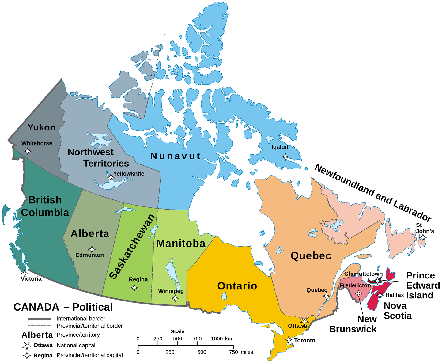 A colored map of Canada